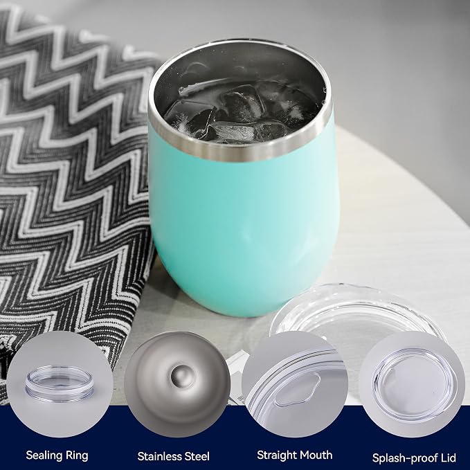 DOMICARE Stainless Steel Wine Tumbler Bulk with Lid, Personalized Insulated Tumblers Set, 12oz Travel Coffee Cups Pack of 16, Light Blue