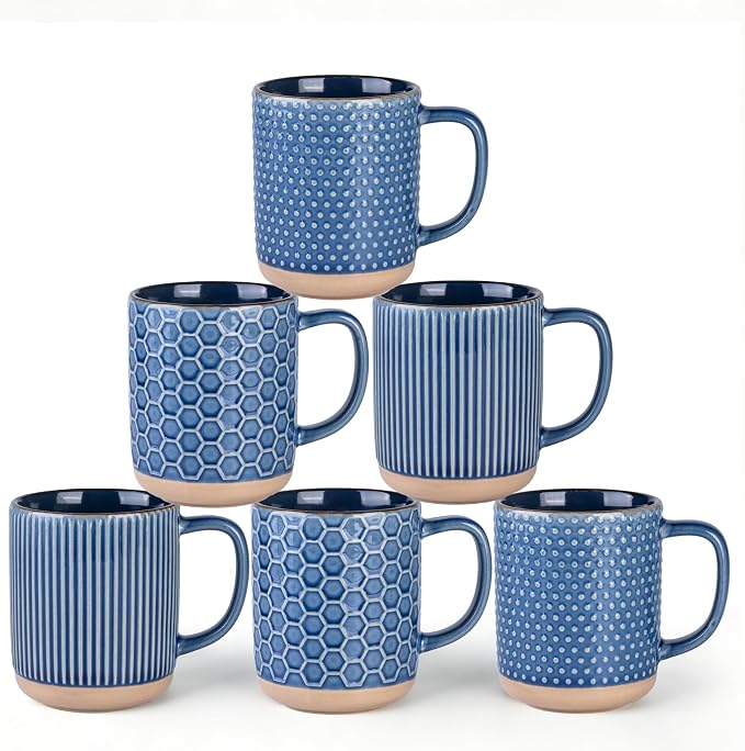 GBhome Large Coffee Mugs Set of 6, 16oz Handmade Stoneware Coffee Mugs Set with Large Handle for Cappuccino/Latte/Tea/Hot Cocoa, Dishwasher & Microwave Safe, Moonlight Blue