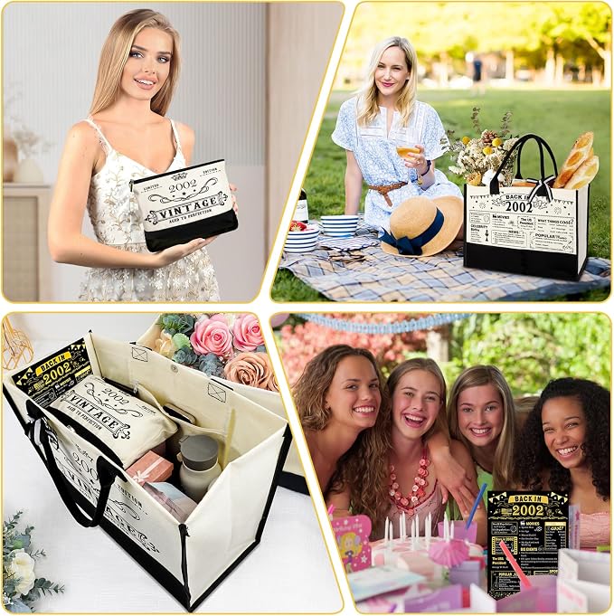 24th Birthday Gifts for Women Canvas Tote Bag Travel Gear, Unique 24 Years Old Birthday Gifts for Girlfriend Daughter Sister Friends Her, Vintage 2002 Handbag & Cosmetic Bag & Back in 2002 Poster