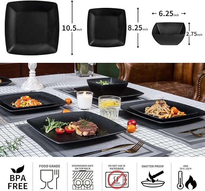 Melamine 12pcs Classic Square Dinnerware Set, Concise Plates and Bowls Set, Service for 4, Dishwasher Safe Black