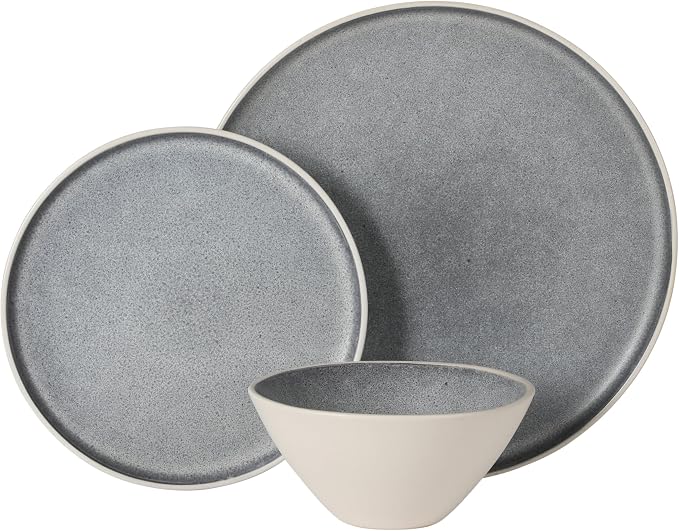 Gibson Elite Coastal Forest Plates and Bowls Sets, 12-Piece Stoneware Dinnerware Sets, Triple Reactive Glaze Dish Set - Grey and Cream White