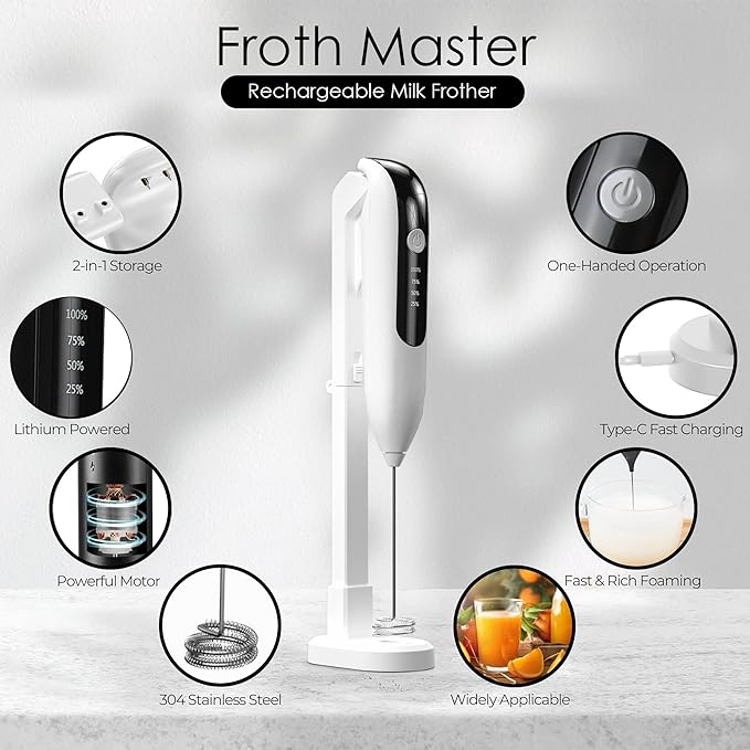 GOCHA | FrothMaster X2 Rechargeable Milk Frother – 2-Speed Handheld Foam Maker for Coffee, Lattes, Matcha – USB-C Charging, Stainless Steel Whisk, Stand Included (White)