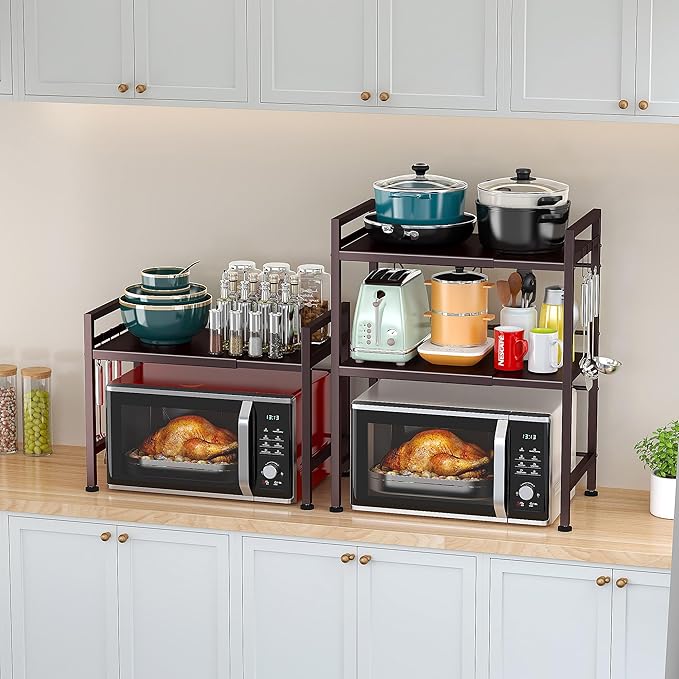 PUSDON Expandable Microwave Oven Rack, 2-Tier Countertop Baker's Rack Style Shelf, Heavy Duty Stand with 3 Hooks, 160lbs Capacity Rustic Farmhouse Decor, Vintage Bronze