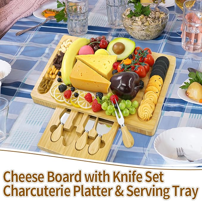 Bamboo Cheese Board and Knife Set – Wooden Serving Platter with Hidden Utensil Drawer – Charcuterie Board for Cheese, Meat, Fruits & Crackers – Elegant Serving Tray for Parties & Gifts