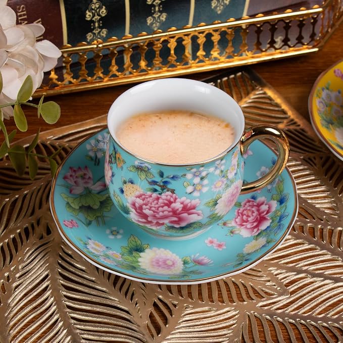 KAMMAK Tea Cups and Saucers Set of 2, Porcelain Coffee Cups, 7.1oz Stackable Espresso Mugs, Ceramic Demitasse for Coffee, Latte, Americano, Tea (940N+941N)