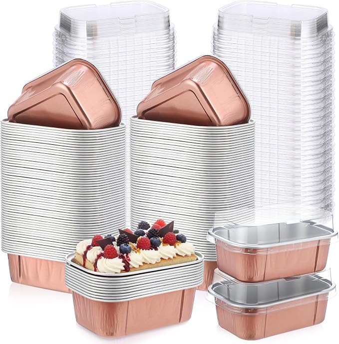 Vesici 100 Sets Mini Loaf Pans with Lids, 5.7 oz Disposable Aluminum Foil Baking Cups, Rectangle Cake Pans for Baking Storage Birthday Party(Champagne)