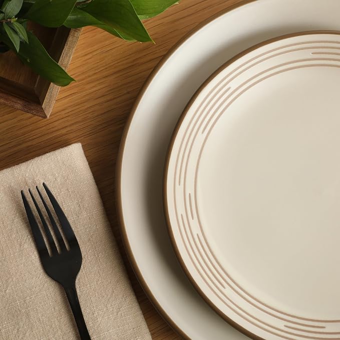 Gibson Home Chiswick House 16-Piece Stoneware Dinnerware Set, Round Plates and Bowls Set for 4, White with Wax Relief Embossed Rim Detail, Dishwasher Safe – Dinner Plate, Salad Plate & Cereal Bowl