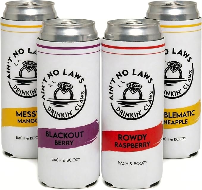 Funky Junque Bachelorette Party Favors Slim Can Cooler, Funny Bridesmaid & Bride Gifts for Girls Trip, Bridal Shower Decorations & Accessories, 12 oz Skinny Can Covers - Ain't No Laws - 4 Pack