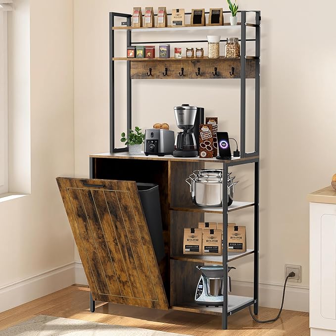 Kitchen Bakers Rack with Power Outlets, 63"H Microwave Oven Organizer with Tilt Out Trash Can Cabinet Storage Shelf 6 Tiers Coffee Bar Stand, Freestanding Pantry Hutch Rack with 6 Hooks (brown)
