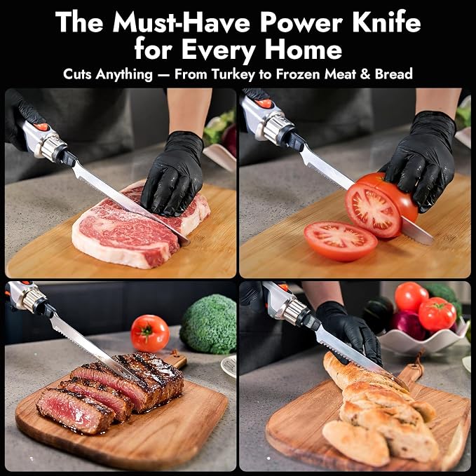 Cordless Electric Knife for Meat Slicing, 45W High-Torque | 420 Stainless Blades, Dishwasher-Safe, Carving Knife for Turkey & Bread, 50-Min Runtime, Type-C Charging, Dual Safety Lock
