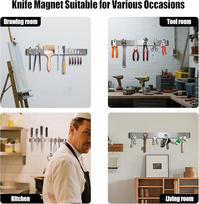 Magnetic Knife Holder for Wall - 12 Inch Stainless Steel Magnet Strip No Drill with Adhesive Tape, Kitchen Utensil Organizer