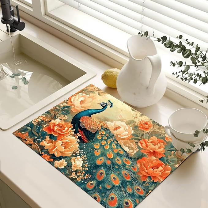 HOMETITUTE Stove Top Cover for Electric Stove 28x20 Inch Diatomite Dish Drying Mat Glass Top Burner Protector Kitchen Counter Mat Peacock Kitchen Decor Stove Pad Stove Top Mat