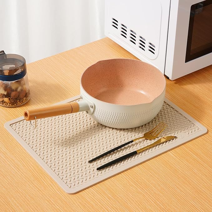 Silicone Drying Mat & Heat Resistant Mat for Kitchen Counter, Non-Slip Dishwasher Safe, Raised Edge for Dishes Bottles Sink (25.5x17.7in, Beige)