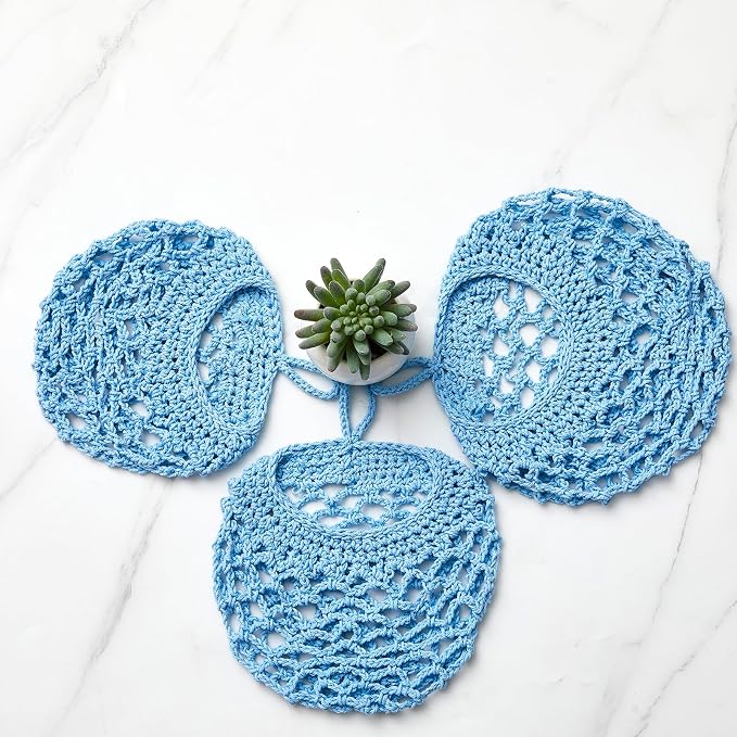 Honeydak Boho Decor Hanging Wall Baskets for Kitchen 3 Pack Teardrop Baskets with Hooks Storage Fruit Onion Vegetable Potato for Home 3 Sizes(Light Blue,Crochet,Cotton Rope)