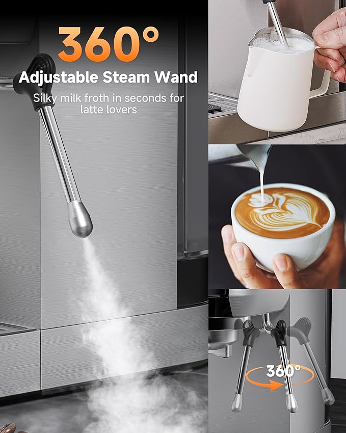 AMZCHEF Compact Espresso Machine, 20Bar Home Barista Coffee Maker with 1350W Fast Heating, 3-Level Temperature Control, 360° Adjustable Steam Wand, HD Touch Screen, Small Footprint for Kitchen