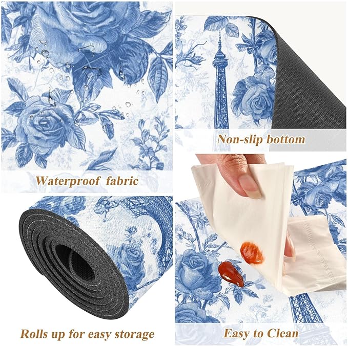 Blue Roses and Eiffel Tower Trivet Table Runner Heat Resistant 230F for Hot Dishes Pots Plates Kitchen Dining Table Protector Decorative 39.37 X 11.8 Inch