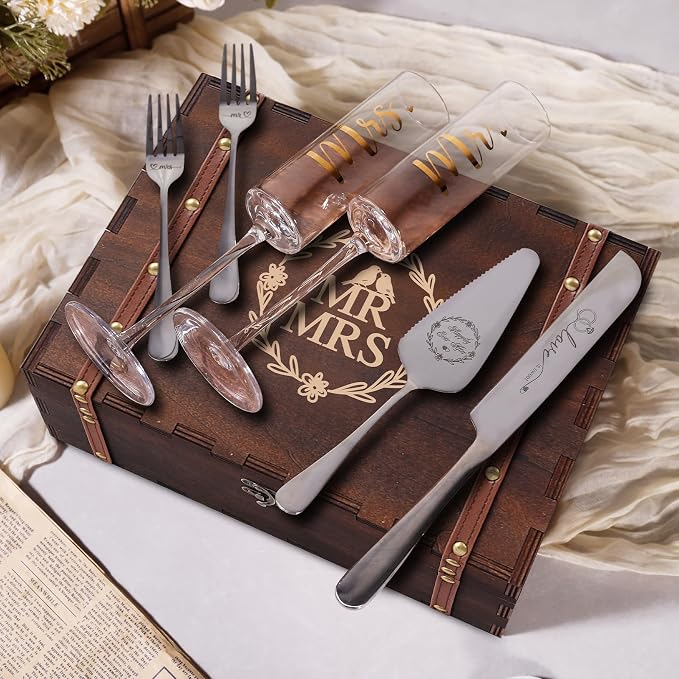 Physkoa Engagement Gifts for Couples-Mr and Mrs Champagne Glasses with Keepsake Box,Cake Knife and Server-Perfect Wedding, Engagement, or Bridal Shower Gift for Couples