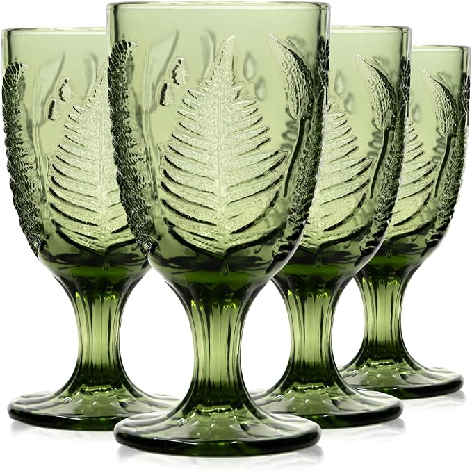 Green Glass Goblets Set of 4, 10 oz Hand-Pressed Vintage Glassware, Textured Fern Embossed Drinking Glasses, Boho Drinkware for Water, Cocktails, Mocktails, White & Red Wine, Antique Style Gift Set