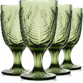 Green Glass Goblets Set of 4, 10 oz Hand-Pressed Vintage Glassware, Textured Fern Embossed Drinking Glasses, Boho Drinkware for Water, Cocktails, Mocktails, White & Red Wine, Antique Style Gift Set