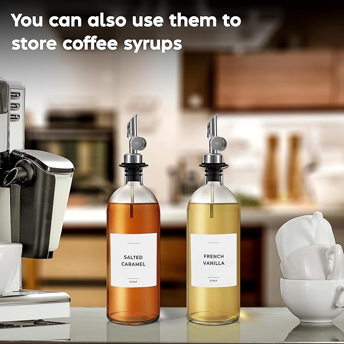 Spaceneat Oil Dispenser for Kitchen - Glass Olive Oil Bottle Set of 2 (16.9oz) with Silver Stainless Steel Weighted Self-Closing Pourer - Cooking Oil Dispenser with 66 Labels, Aligner & Funnel