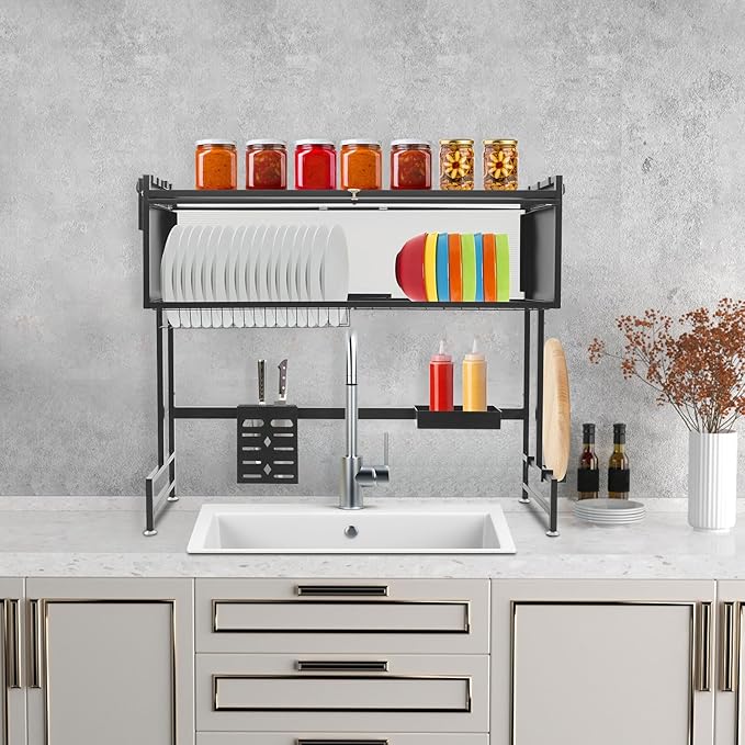 Over The Sink Dish Drying Rack 2 Tier Large Dish Drainer Drying Rack 41.33" W Multifunctional Kitchen Organizers and Storage for Dishes, Glasses, Bowls, and Cutlery (Black)