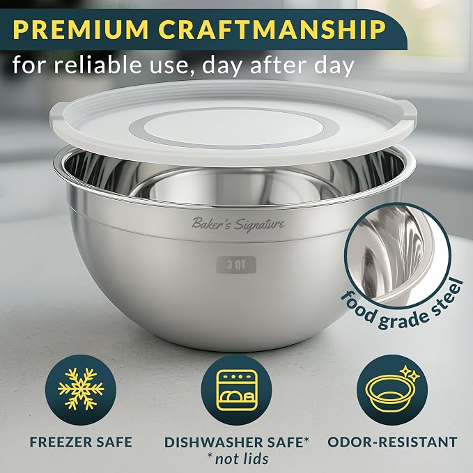 Baker's Signature Stainless Steel Mixing Bowls With Lid, Metal Mixing Bowl Set Of 3, Nesting Set For Food Prep, Baking,Storage, Cooking, Serving | Dishwasher Safe, Silver, 1.5/3/5 Qt