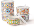 Ceramic Bowl with Lid: Microwave Safe Soup Containers Set of 6 for Meal Prep, Cereal, Salad, Picnic, Camping, Office Lunch, Kitchen Food Storage - 5 Inch, 20 oz, Design B