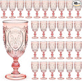Wiwiqing 48 Pcs Plastic Goblets 7.5oz Vintage Goblet Plastic Wine Glasses Colored Retro Embossed Water Goblets for Wine Bar Juice Baby Shower Wedding Reception Grand Event Party (Pink)