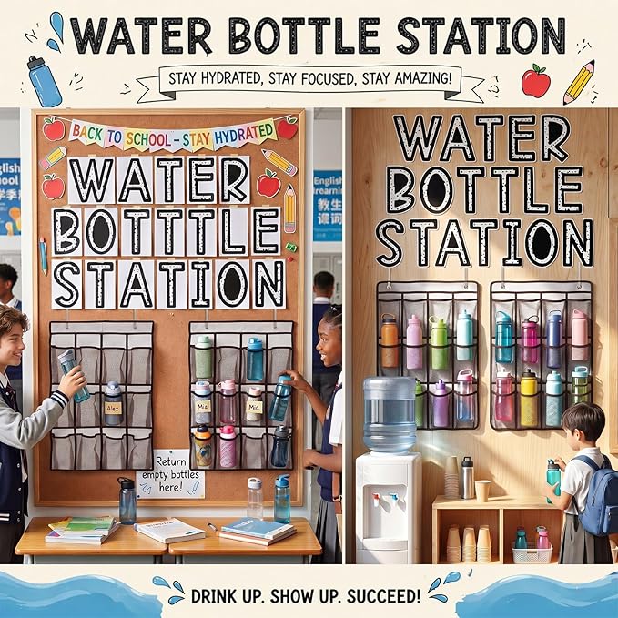 Eaasty 2 Pack Water Bottle Holder Organizer with Water Bottle Station Stickers, 29.13" x 17.72" Mesh Pocket Storage for Classroom Door Hanging Organizer Includes Hooks for Back to School Supplies