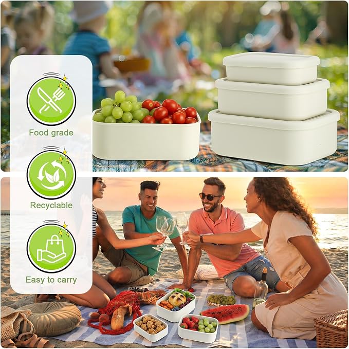 Blushtier 2 Sets of 6 Silicone Food Storage Containers, Reusable Lunch Bento Box with Lid, Hard Shell Storage Containers, Microwave Dishwasher Freezer Safe, 10 oz, 23.6 oz, 44 Ounce(Bone White)
