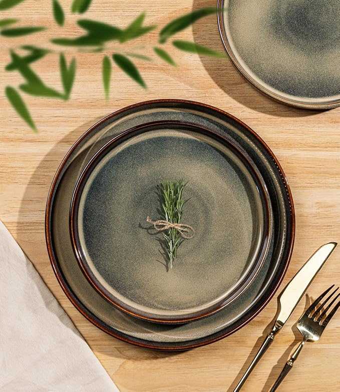 TheTerra Ceramic Dinnerware Sets for 8, 24 Pieces Porcelain Lightweight Speckled Plates and Bowls Sets, Scratch Resistant Dish Set, Oven & Microwave & Dishwasher Safe, Brown