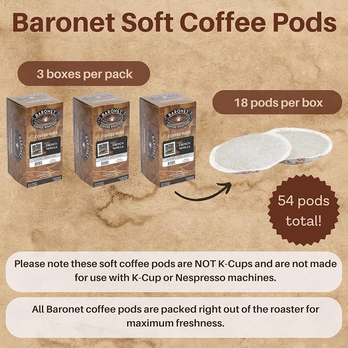 Baronet Coffee Pods [French Vanilla-54 Pods] Flavored Single Cup Use, Like Senseo [3 Boxes of 18 Single Serve 10 Gram] Regular Strength, Medium Roast [French Vanilla]
