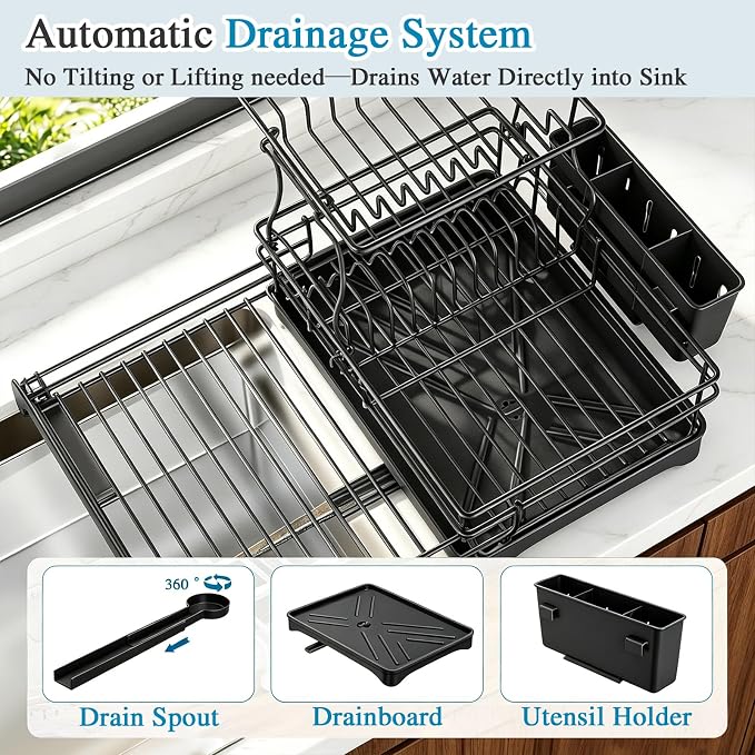 2 Tier Dish Drying Rack, Large Extendable Dish Racks for Kitchen Counter , Dishrack with Drainboard, 2-in-1 Anti-Rust Stainless Steel Dish Drainer with Utensil Holder (Black, double of Dish Rack)