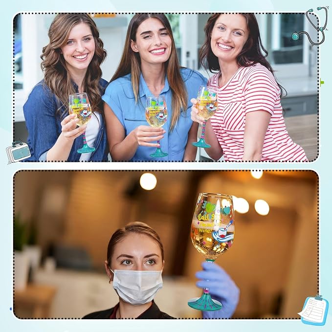 SiliFine 2 Pcs Nurse Stemmed Wine Glasses Hand Painted Drinking Cup Wine Glasses Gifts for Certified Nursing Assistants CNA Week Appreciation Nurses' Day Holiday Party Supplies