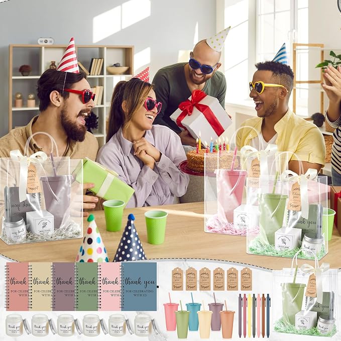 Nuogo 6 Sets New Parent Shower Prizes for Player Winners Adult, Wedding Bridal Shower Gift, Plastic Tumbler Notebook Scented Candle Ballpoint Pen Bag (Morandi Color,Classic Style)