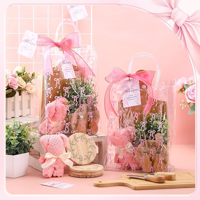 Honeydak 49 Pcs Baby Shower Prizes for Game Players 6 Sets Bamboo Cheese Board Fork Knives Coasters Towel Artificial Potted Plant Thanks Card Gift Bag for Baby Bridal Shower Wedding Favors (Pink Bow)