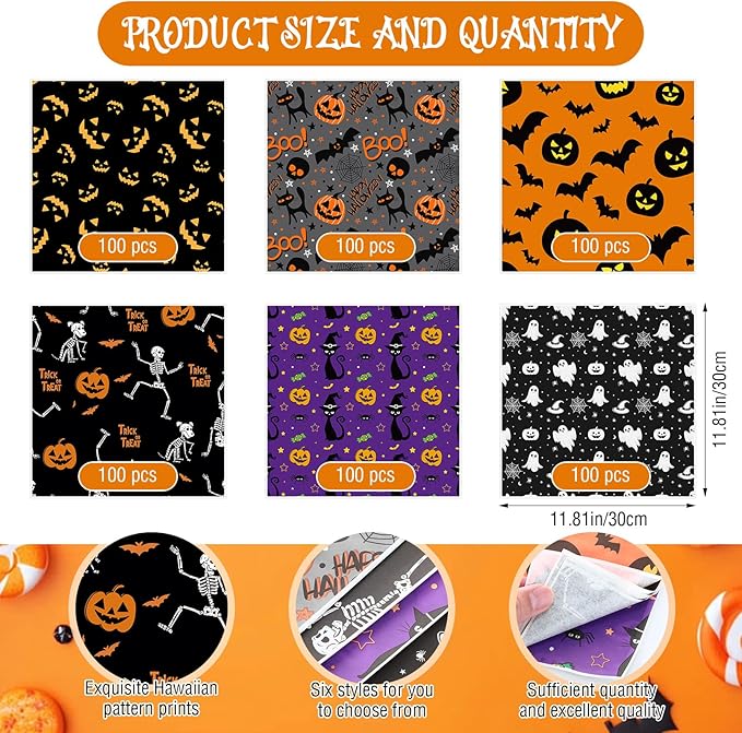 Reallnaive 600 Pcs Halloween Theme Wax Paper Sheets 12 x 12 Inch Parchment Deli Tissue Paper Sandwich Wrapping Sheets Food Basket Liners for Kitchen Restaurant Baking Supplies, 6 Styles