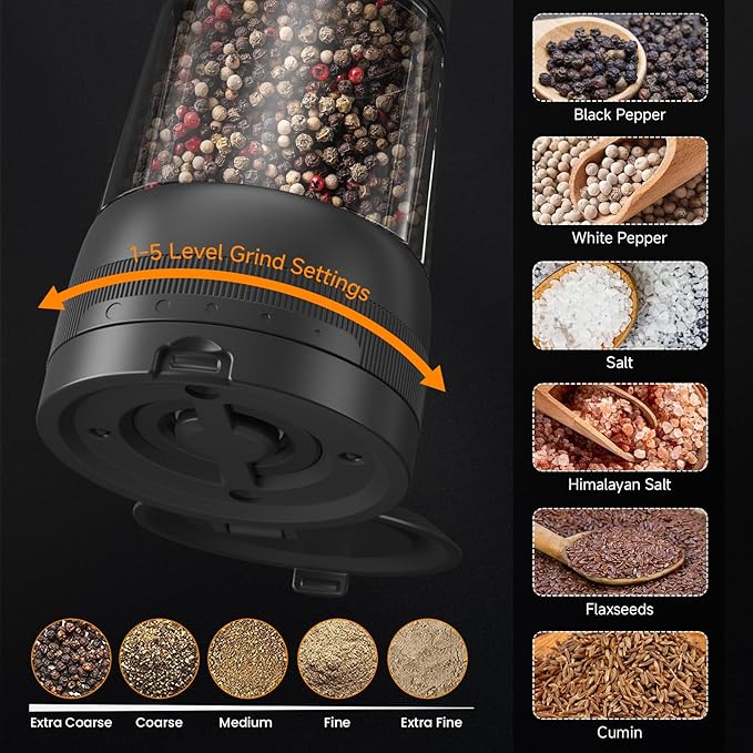 Electric Salt and Pepper Grinder Set,2 Pack Rechargeable Automatic Pepper Mill,with Charging Base,5 Level,Display,LED Lighting,Large Capacity,Kitchen Gift (2, Black, Charging Base)