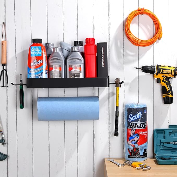 YIGII Garage Paper Towel Holder with Shelf, Wall-Mount Heavy Duty Paper Towel Rack with 4 Hooks, One-Hand Tear Tissue Holder for Workbench, Craft Room & Clean Station, Black