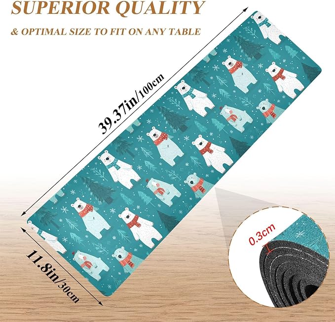 2-in-1 Table Runner Trivet for Hot Dishes Heat Resistant Hot Plate Mat Pad 39x12 Inch Waterproof Table Protector Trivets for Countertop Non Slip Decorative Winter Bears Trees Snowflake Teal