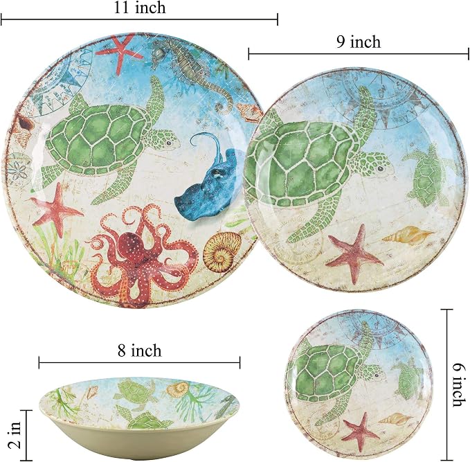 UPware 16 Piece Sea Turtle Melamine Dinnerware Sets, Outdoor Dishes Set, Plates and Bowls Sets, Service for 4, Multicolor