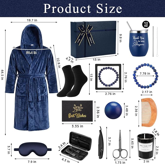 Nuogo 15 Pcs Birthday Gifts for Men Beard Care Set for Him Dad Birthday Gifts Basket Ideas Kit for Men Tumbler Bath Robe for Father's Day Dad Husband Boyfriend Box(Hooded,Navy)