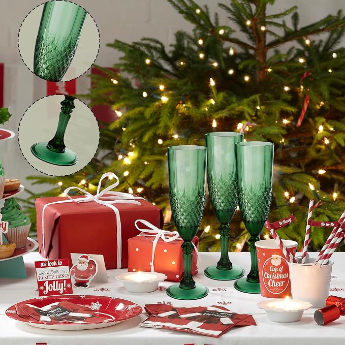 Plastic Champagne Flutes, Champagne Glasses Bulk, Reusable Unbreakable Acrylic Wine Glasses Goblets for Weddings Bachelor Parties Toasting Bridal Shower (24, Dark Green)