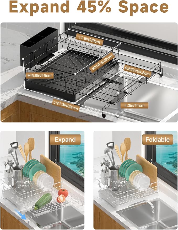 Dish Drying Rack Expandable Rack for Kitchen Counter, Carbon Steel Dish Racks Rust-Proof Large Capacity Dish Drainer with Utensil Holder, Space Saving for Bowls, Plates & Cups, White