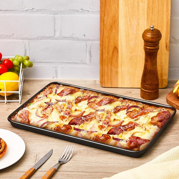 2 Pcs 17 Inch Grandma Style Pizza Pan Hard Rectangular Black Non Stick Sicilian Style Carbon Steel Pizza Pan Dish Pre Seasoned Bakeware Kitchenware