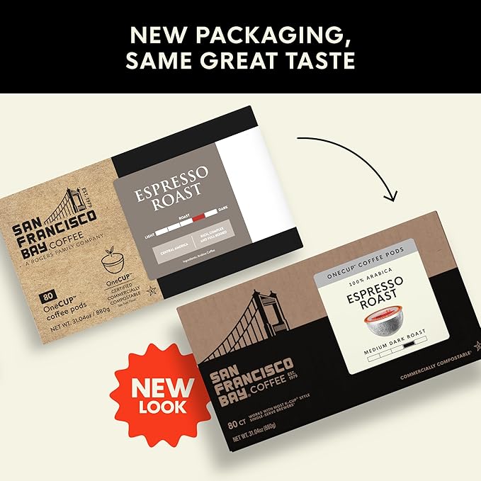 San Francisco Bay K-Cup Coffee Pods, Espresso Roast (80 ct), Medium-Dark Roast, Commercially Compostable Single-Serve Coffee Pods