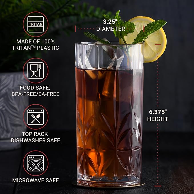 Bravario Unbreakable Plastic Drinking Water Tumblers, Dishwasher Safe 100% Tritan Glasses, BPA-Free Shatterproof Outdoor Highball Drinkware, 18 oz, Set of 4