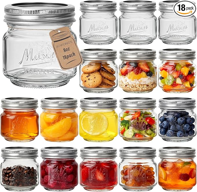 CycleMore 18 Pack 8 oz Mason Jars with Airtight Lids, Embossed Design Glass Canning Jars - Half Pint Jelly Jars for Jam, Pickling, Crafts, Wedding Favors & Home Decor