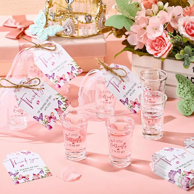 Pickmesh 25 Sets Butterfly Baby Shower Shot Glasses for Guests Include Acrylic a Little Butterfly Is on The Way Shot Glasses Purple Cards Organza Bags for Spring Summer Party Decorations