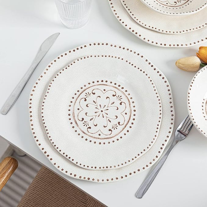 LEHAHA Beaded Crackle 12 Piece Melamine Camping Dinnerware Set, Plates and Bowls Sets, Indoor and Outdoor Use, Break-Resistant Rustic RV Dishes Set, Service for 4(Ivory)…